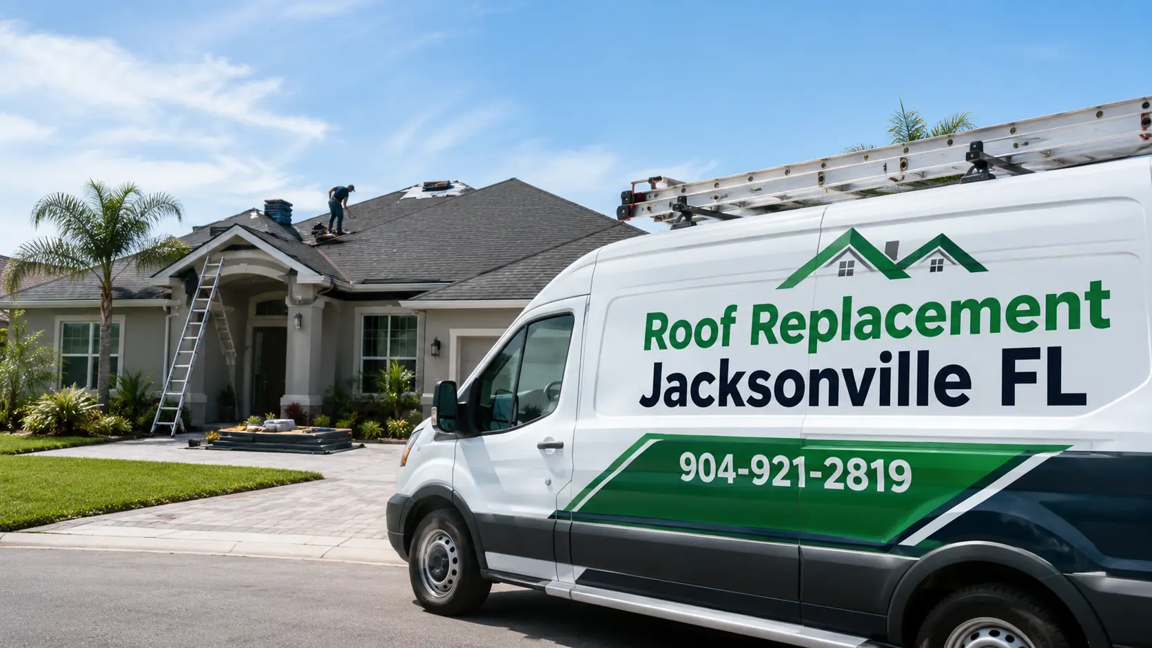 Roof Replacement Jacksonville FL van parked outside a Jacksonville, Florida home during a roof replacement