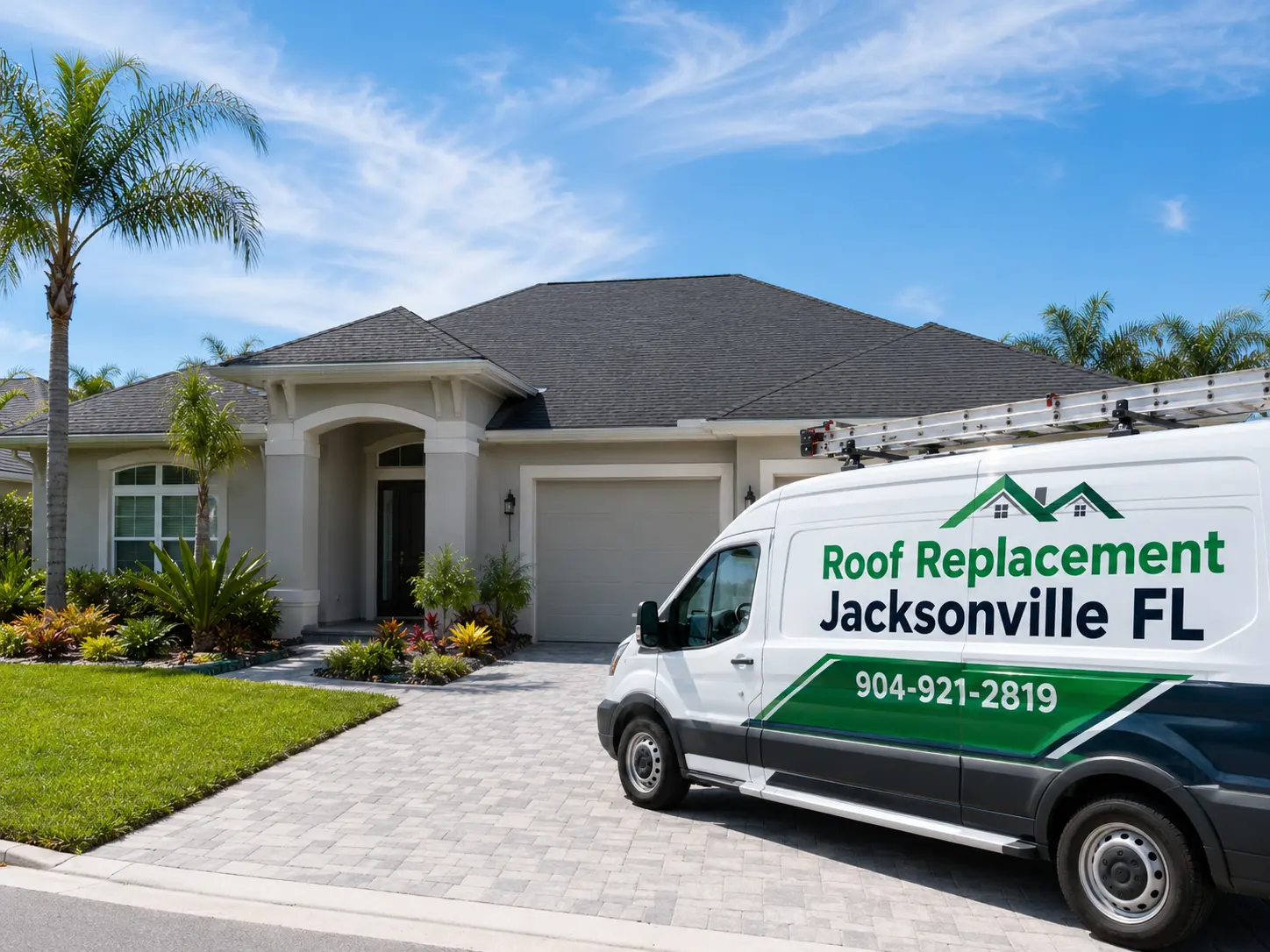 Roof Replacement Jacksonville FL van outside a completed roof replacement in Florida