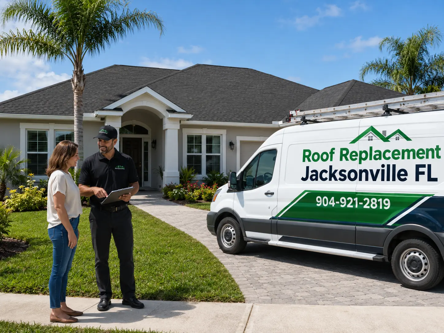 Roofing project manager reviewing roof replacement options with a homeowner outside a Jacksonville home