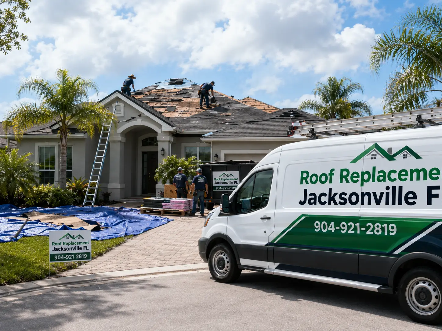Roofing crew tearing off an aging shingle roof on a Jacksonville home